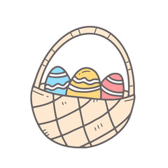 A basket with decorated Easter eggs in doodle style. Vector isolated Easter illustration.