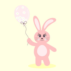Cute pink bunny with big eyes holding a balloon full of chamomiles. Children's character. Fluffy pet.