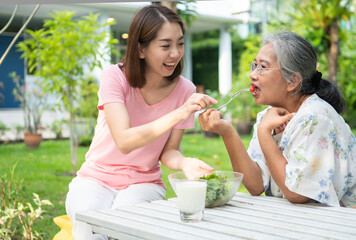 Happy Asian daughter have lunch whit her family and feeding salad to mother in backyard.