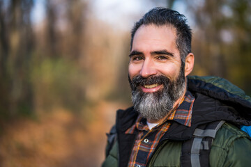 Close up portrait of  a hiker in nature.