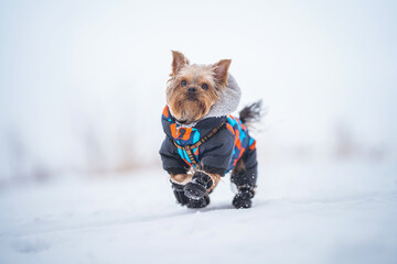 Winter portrait of a small Yorkshire Terrier dog in a funny warm suit.