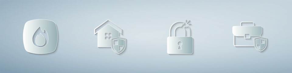 Set Fire flame, House with shield, Broken or cracked lock and Briefcase. Paper art style. Vector