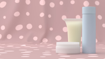cosmetic products on powder pink polka dot background 