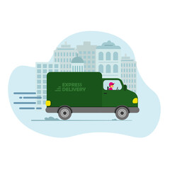 Express delivery truck with man is carrying parcels on points. Concept online map, tracking, service. Vector illustration.