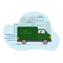 Express delivery truck with man is carrying parcels on points. Concept online map, tracking, service. Vector illustration.