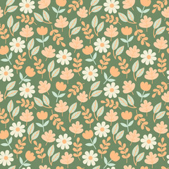 Flower seamless pattern. Vector texture with flat style floral elements: hand drawn wild flowers, leaves, herbs. Botany spring or summer collection. Cute hand drawn flat plants background