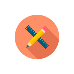 Rule and pencil flat icon with long shadow on blue circle background , educational concepts , vector illustration