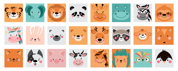 Animal square face ui. Cute simple icon set. Memo. Funny cartoon Muzzles. Illustrations on white background