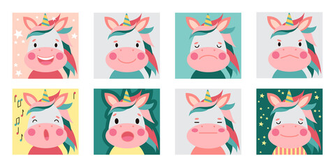 Unicorn square face. Cute template for memo, notebook cover, planner, note, stickers, labels. Funny cartoon Muzzles. Vector illustrations on white background