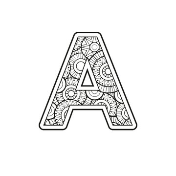 Vector Coloring page for adults. Contour black and white Capital English Letter A on a mandala background