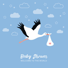 baby welcome greeting card with stork in blue sky