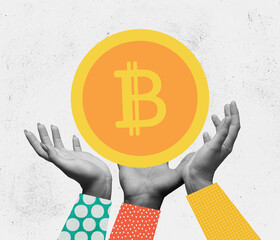 Crypto currency. Modern design, contemporary art collage. Inspiration, idea, trendy urban magazine style. Human hands and bitcoin