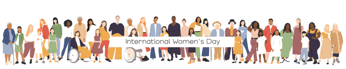 International Women's Day banner. Women of different ages stand together.