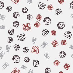 Set line Flying bat, Frankenstein face, Bottle with potion and Halloween date 31 october on seamless pattern. Vector