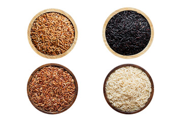 Various rice grains put in a cup on a completely white background.