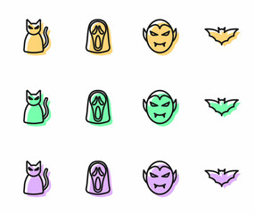 Fototapeta premium Set line Vampire, Black cat, Funny and scary ghost mask and Flying bat icon. Vector