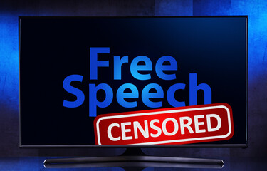 Obraz premium Flat-screen TV set with the sign of censorship in the mass media