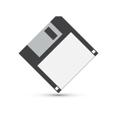 The front of an old computer floppy disk on a white background