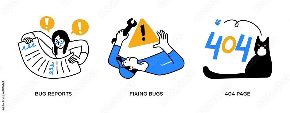 Poster Website programming and testing - set of business concept illustrations. Bug fixing, reports.