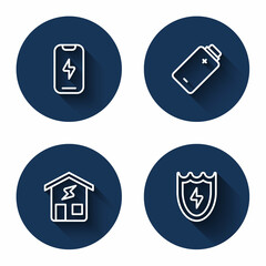Set line Mobile phone, Battery charge, Smart home and Lightning and shield with long shadow. Blue circle button. Vector