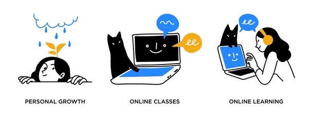 Self development - set of concept illustrations. Self learning, online education and personal growth concept