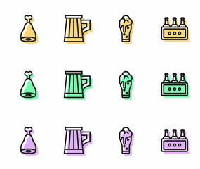 Set line Glass of beer, Chicken leg, Wooden mug and Pack bottles icon. Vector