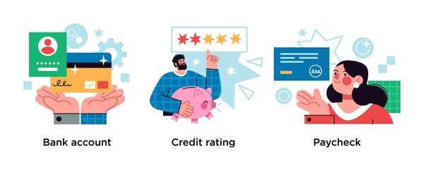 Financial services cartoon icons set. Debit card payment. Money savings, loan and deposit. Bank account, credit rating, paycheck metaphors.