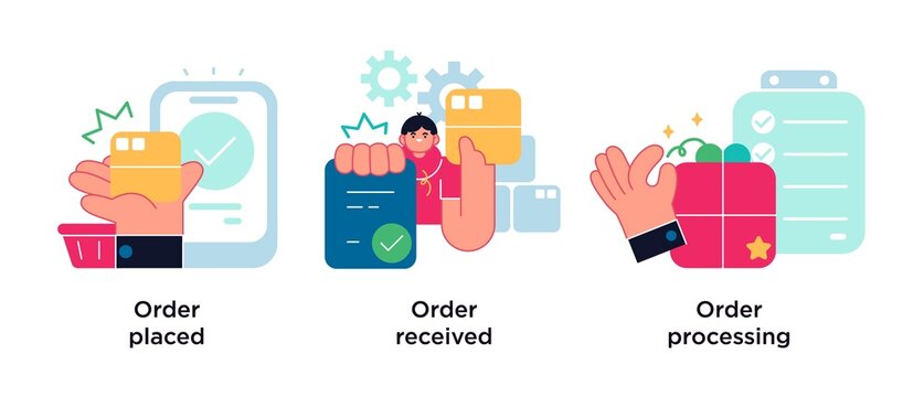 E-commerce shopping abstract concept vector illustration set. Order placed and received, order processing abstract metaphor.