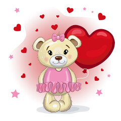 Cute teddy bear girl in a pink dress with a red balloon in the shape of a heart. Teddy bear on a pink background with hearts. Vector cartoon illustration for Valentine's day.
