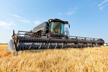 Obraz premium A large combine harvester against the background of a field of ripe wheat on a bright sunny day.