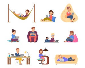 Fototapeta na wymiar Remote work characters. Home working, remote study. Distance self education, people with computer on virtual job. Freelance employee decent vector set