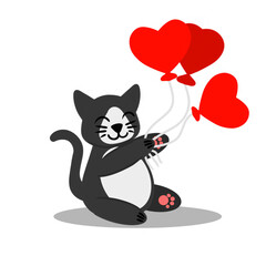 Charming black cat with balloons in form of hearts. Vector illustration isolated on white background. Image can be used as thematic design element in holiday cards stationery menus clothing sites