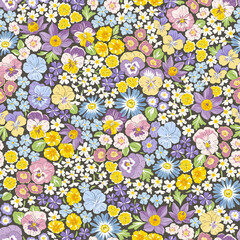 Variety Spring Garden flower hand drawn vector seamless pattern. Vintage Romantic Liberty inspired Petite floral ditsy print. Bloomy calico dark background for fashion fabric or home textile