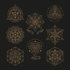 Esoteric geometric symbols. Abstract philosophy totem, magic moon. Sacred tattoo template, mystic astrology pentagramm, tidy vector collection