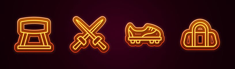 Set line Pommel horse, Fencing, Football shoes and Sport bag. Glowing neon icon. Vector