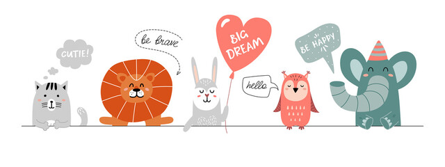 Cute nursery banner. Babies decor, scandinavian style wildlife animals with speech bubbles. Childish poster with lion, rabbit, cat and owl, classy vector background