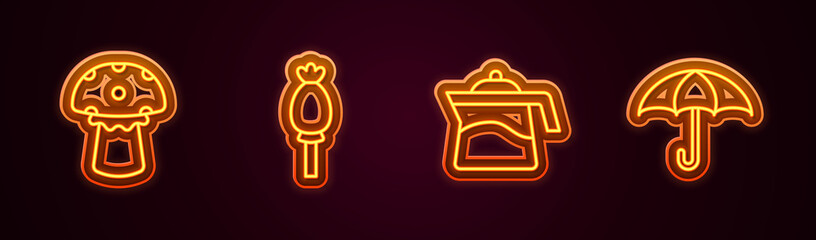 Set line Mushroom, Opium poppy, Teapot and Umbrella. Glowing neon icon. Vector