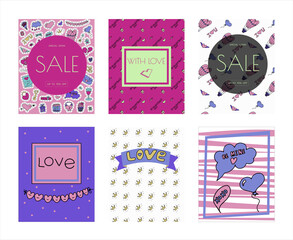 Doodle banners for Valentine s day. Vector colorful illustration for the holiday on February 14. Hand draw set for romance, wedding, date, invitation, greeting card, love. Icons for banners, sales