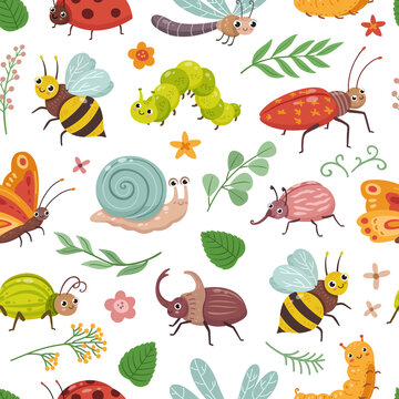 Insect seamless pattern. Cartoon snail, bug and caterpillar. Childish print with beetle and flying butterfly. Garden nature animals neoteric vector background