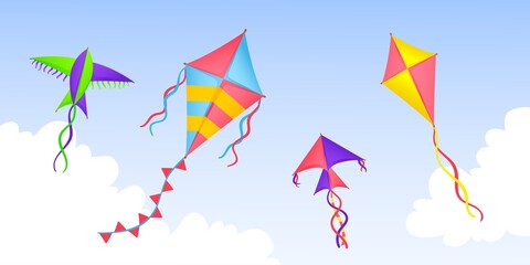 Fototapeta na wymiar Kite in sky. Cartoon kites flying in clouds, happy festival banner. Summer outdoor play, kids colorful toys fly in wind. Seasonal neat vector background