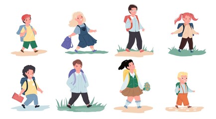 Set of vector cartoon flat kids characters going to school,boys and girls go to study in class-happy childhood,basic knowledge getting,primary education concept,web site banner ad design