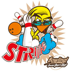 Chick coming out of a pin doing a thumbs up with sunglasses, Bowling ball making a strike destroying the pins.