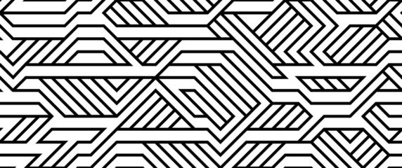 Foto op Plexiglas Tech stijl naadloze lineaire patroon vector, monochrome printplaat lijnen eindeloze achtergrond wallpaper afbeelding, zwart-wit geometrisch ontwerp techno micro foto. © Sylverarts