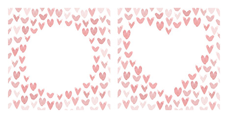 Set of watercolor frames with hearts isolated on white background.