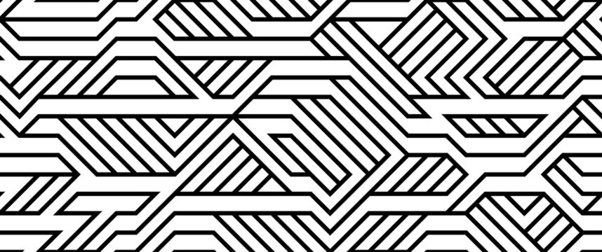 Tech style seamless linear pattern vector, monochrome circuit board lines endless background wallpaper image, black and white geometric design techno micro picture.