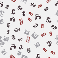 Set line Sofa, Office desk, Library bookshelf and Big full length mirror on seamless pattern. Vector