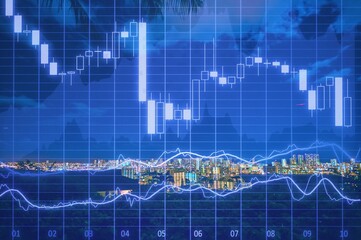 Smart city concept with growing digital graphs and diagram at abstract night city background.