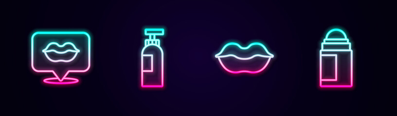 Set line Smiling lips, Bottle of shampoo, and Deodorant roll. Glowing neon icon. Vector