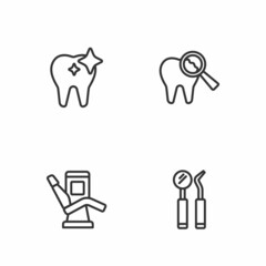 Set line Dental mirror and probe, Medical dental chair, Tooth whitening and Broken tooth icon. Vector