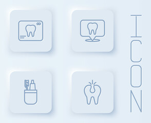 Set line X-ray of tooth, Dental clinic location, Toothbrush and toothpaste and Broken. White square button. Vector